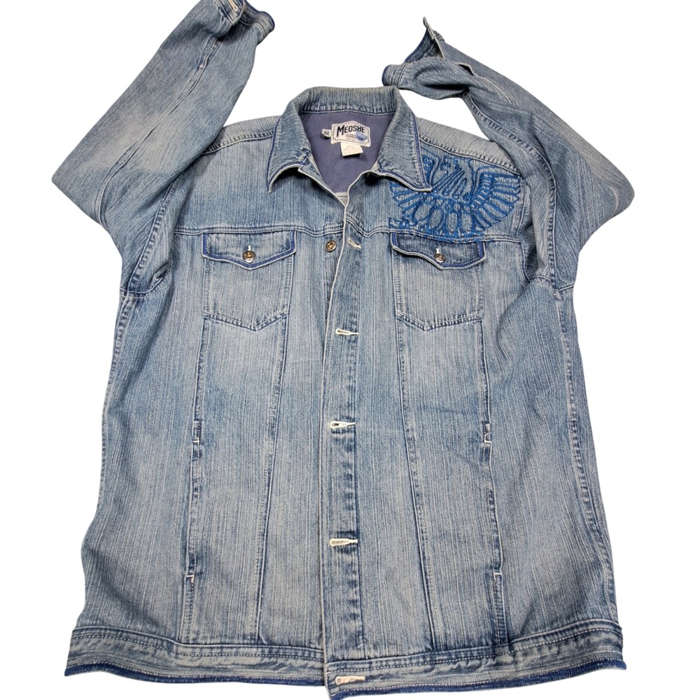 Vtg Meoshe Denim Jacket XXL Mens Embroidered Eagle Supreme Service Y2K Hip Hop